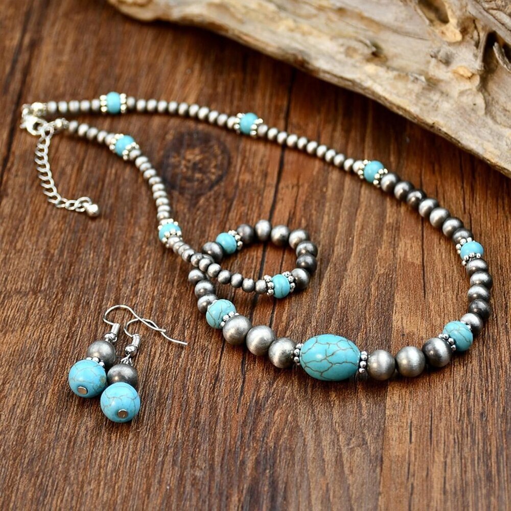 Turquoise Pearl Necklace & Earring Set Western Boho - Picture 3 of 8